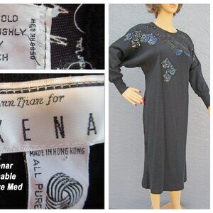 36 bust Black Lambswool Dress, Washable, Black sequin top, Ann Tjian for Kenar